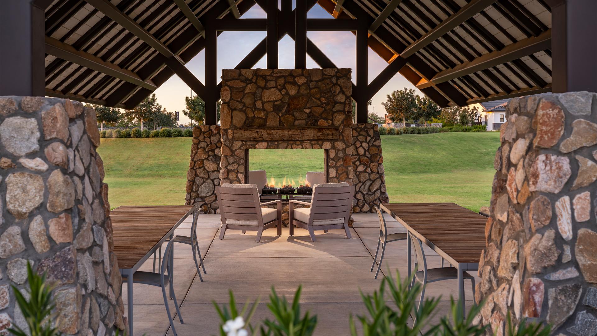 Community pavilion with outdoor fireplace