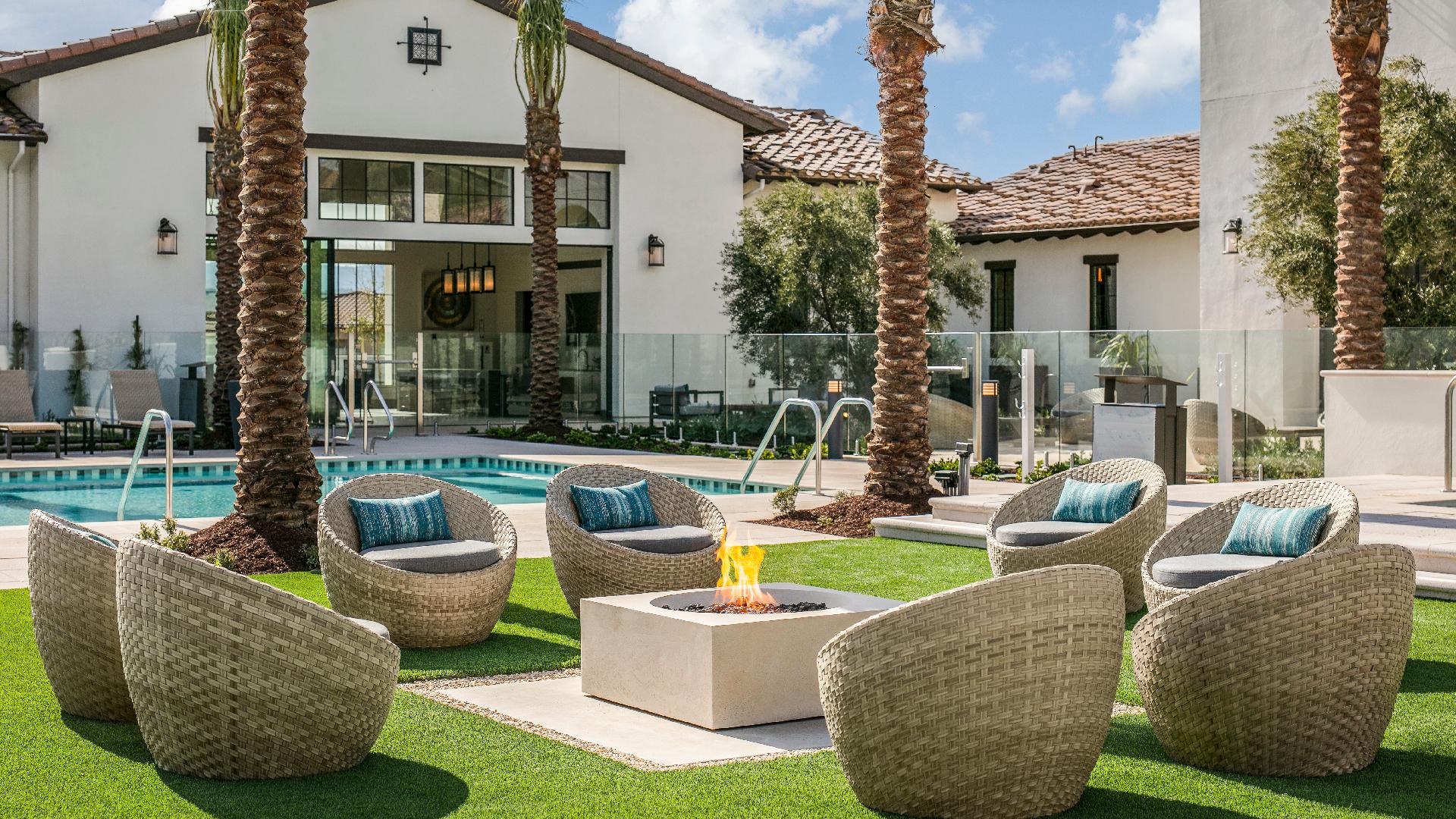 Clubhouse outdoor lounge area with fire pit