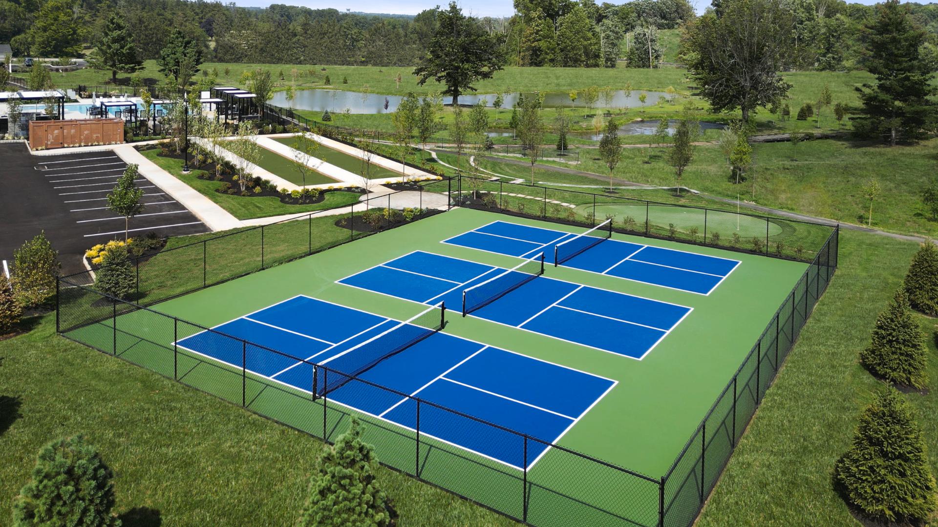 Pickleball, putting green, and bocce courts