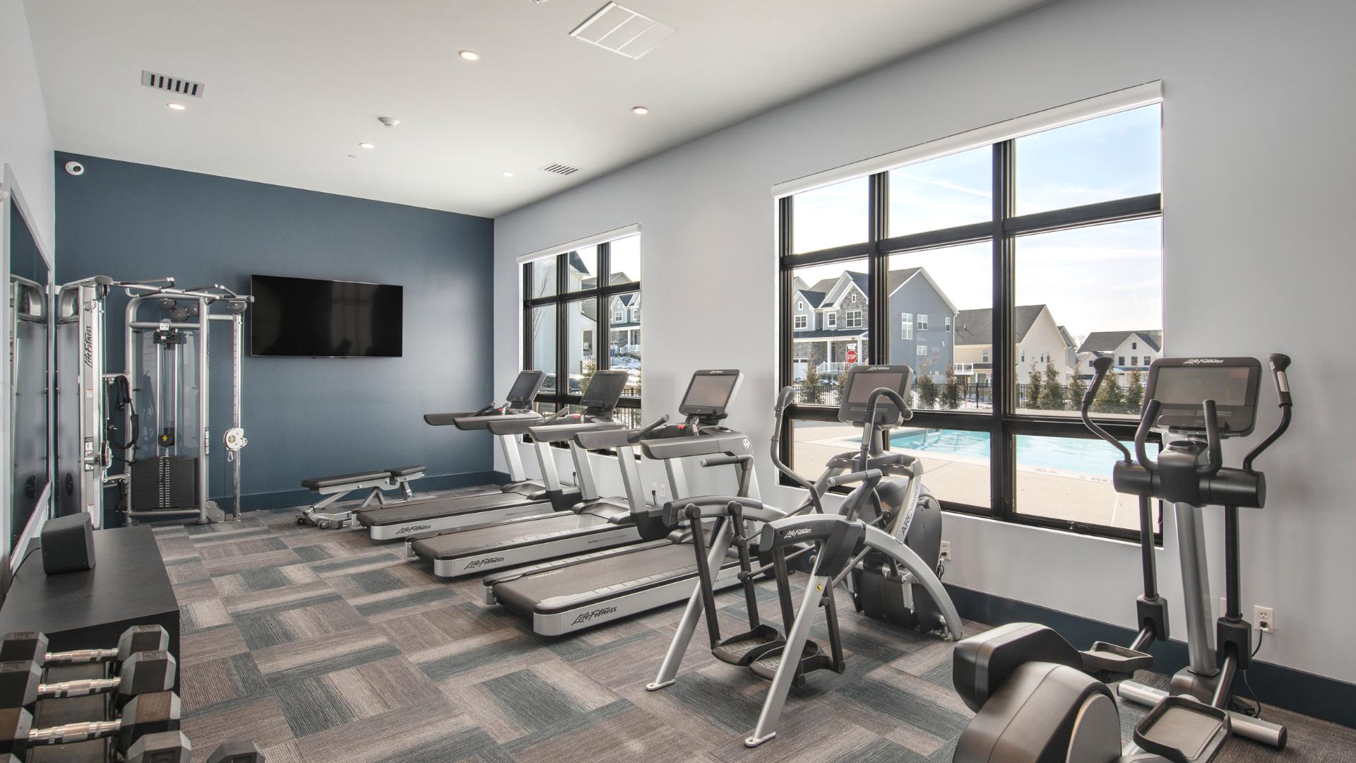 Fitness center, with views of the pool