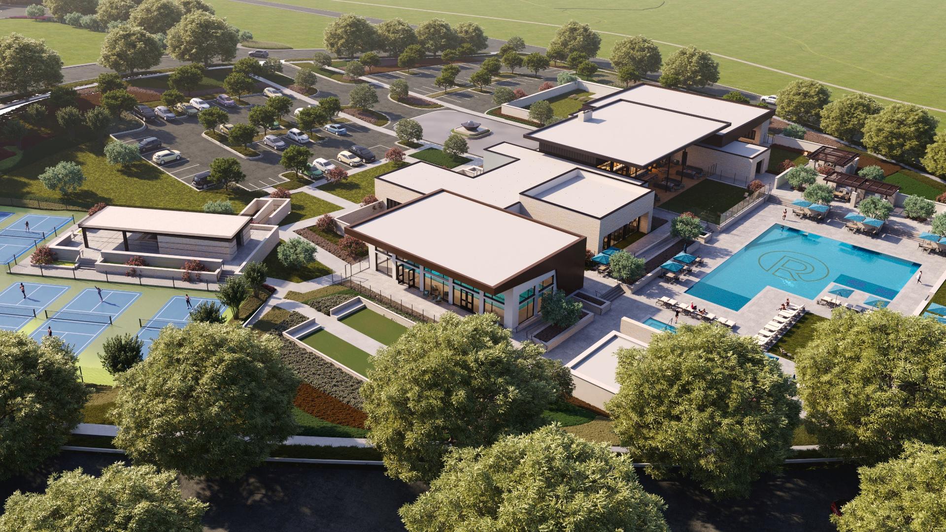 The 18,000 square-foot clubhouse offers a fitness center, indoor and outdoor pools, bocce ball, and pickleball