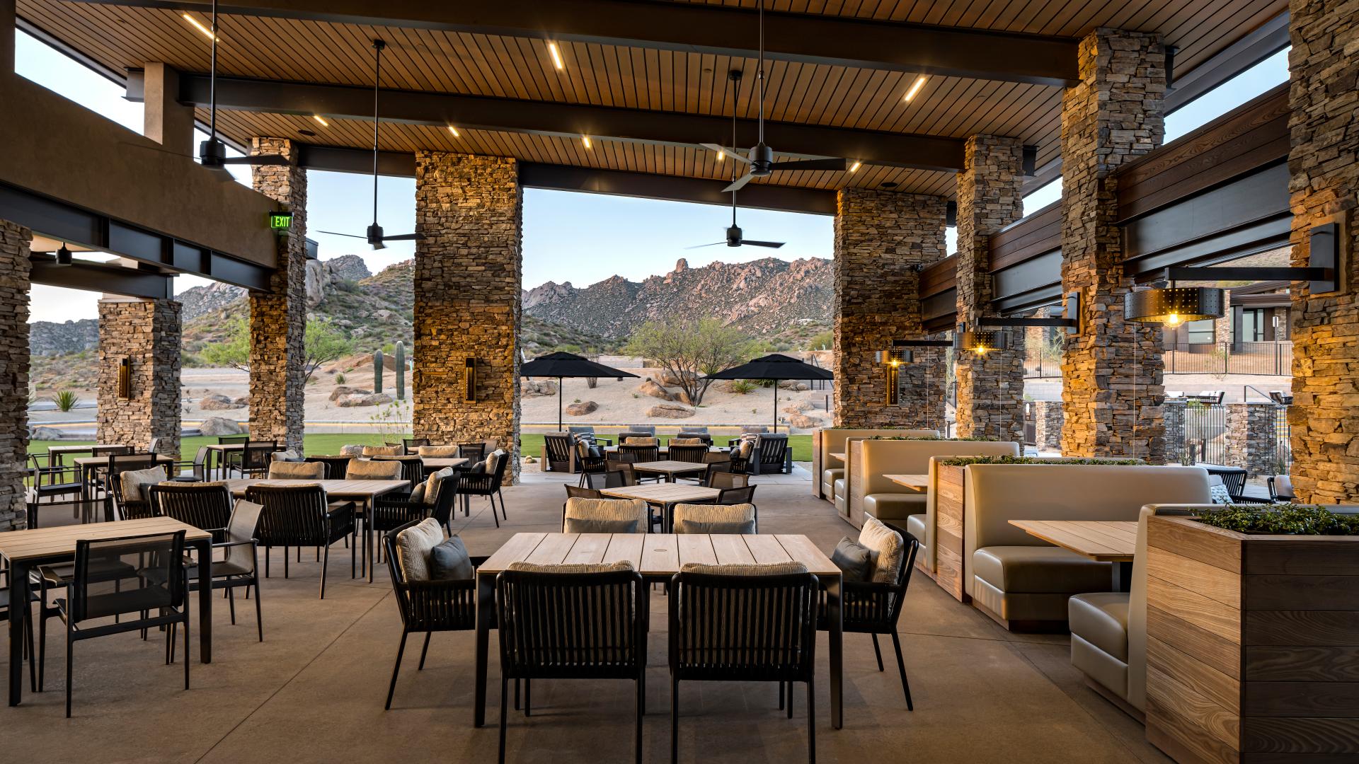 Outdoor dining space with incredible mountain views
