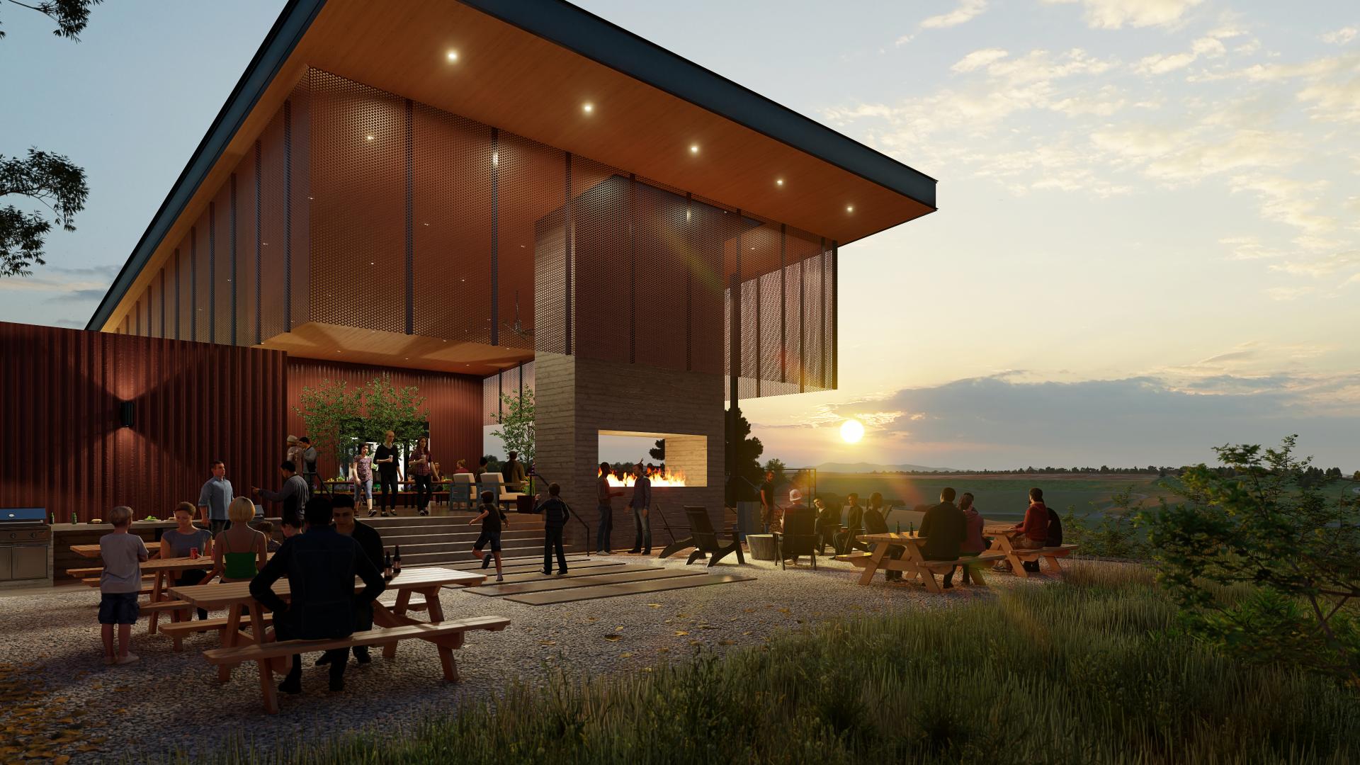 The Spoke Amenity Center outdoor seating and kitchen