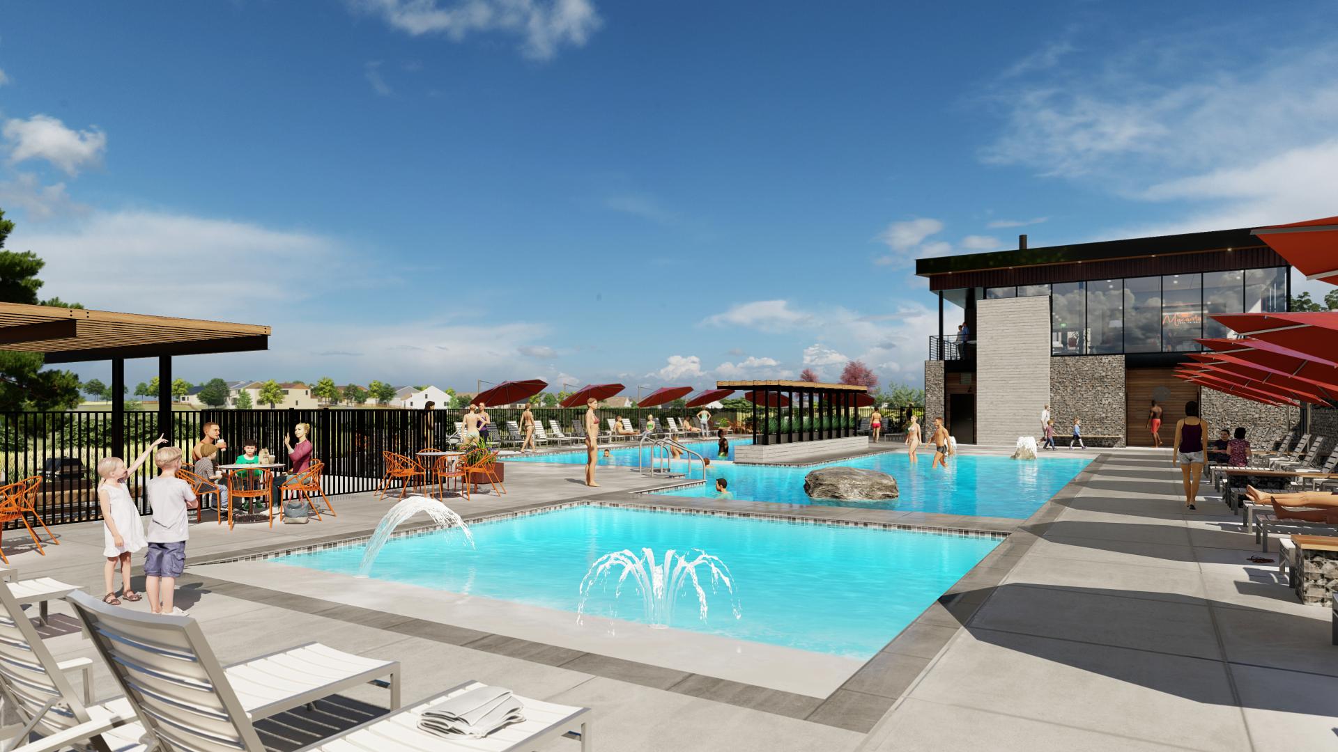 The Spoke Amenity Center pool and water play area