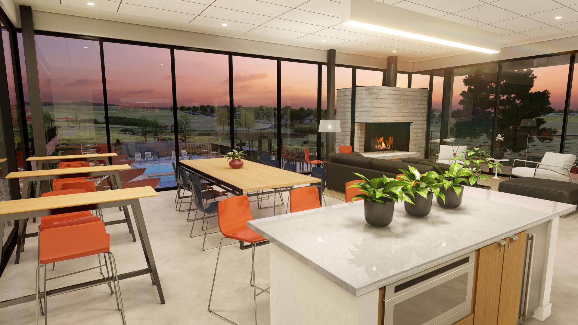 The Spoke Amenity Center lounge area with fireplace